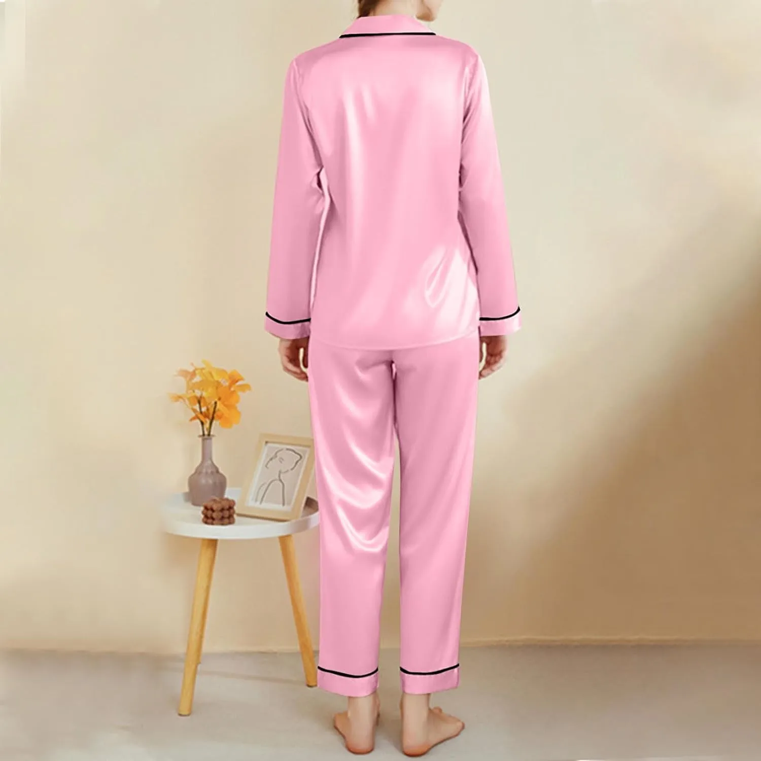 Womens Silk Satin Pajama Sets Two Piece Nightwear Long Sleeve Sleepwear Button Down Pj Lounge Set with Long Pants