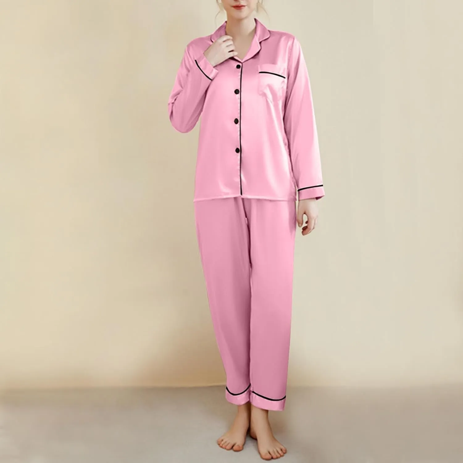 Womens Silk Satin Pajama Sets Two Piece Nightwear Long Sleeve Sleepwear Button Down Pj Lounge Set with Long Pants