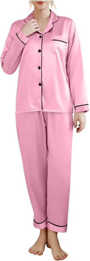 Womens Silk Satin Pajama Sets Two Piece Nightwear Long Sleeve Sleepwear Button Down Pj Lounge Set with Long Pants