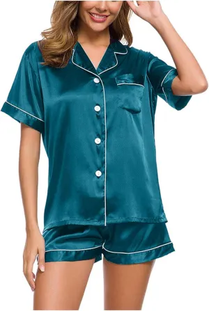 Womens Silk Satin Pajamas Loungewear 2025 Short Sleeve Pj Tops and Shorts Button Down Sleepwear Soft Lounge Sets