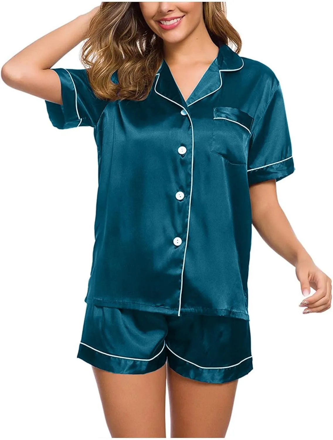 Womens Silk Satin Pajamas Loungewear 2025 Short Sleeve Pj Tops and Shorts Button Down Sleepwear Soft Lounge Sets