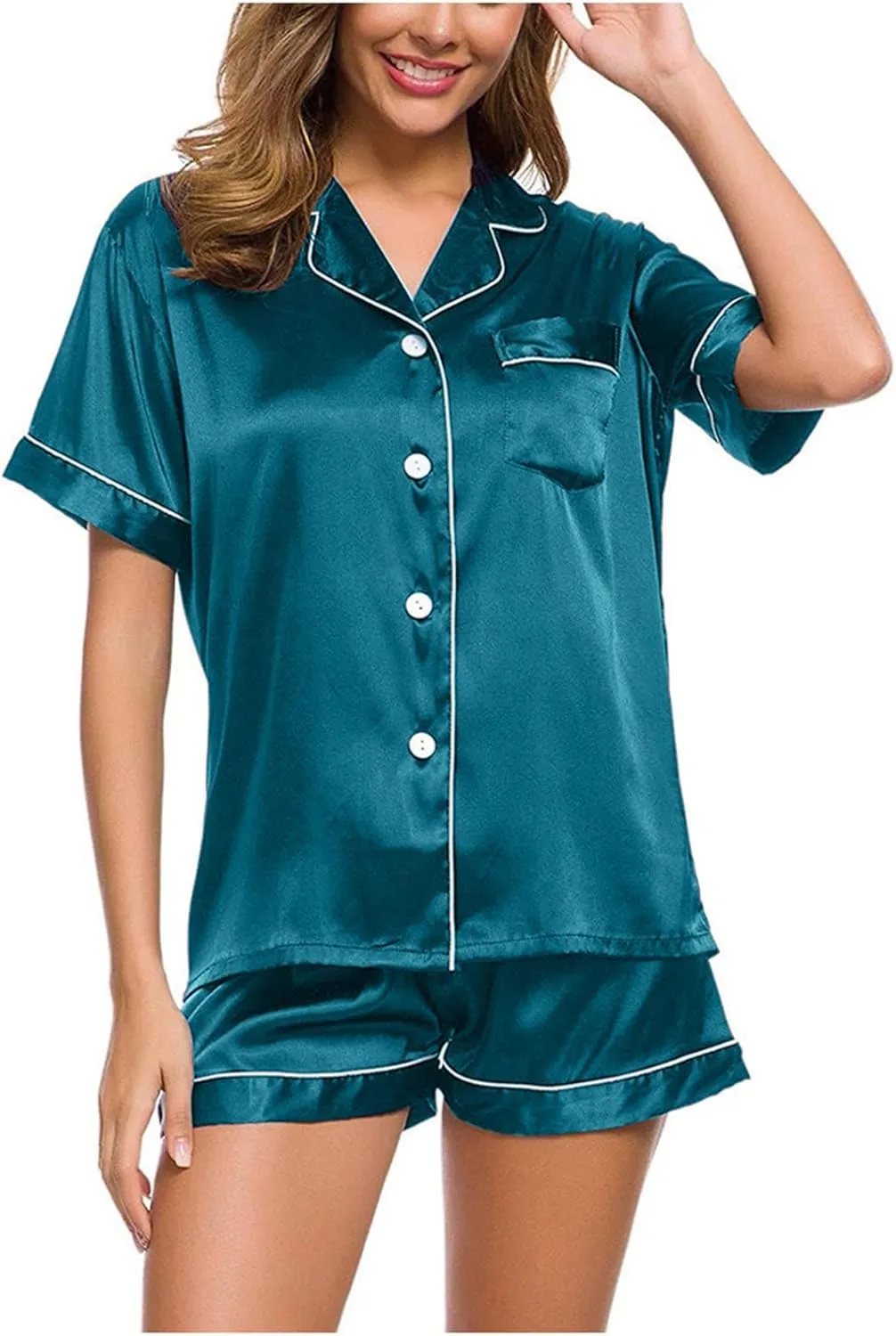 Womens Silk Satin Pajamas Loungewear 2025 Short Sleeve Pj Tops and Shorts Button Down Sleepwear Soft Lounge Sets
