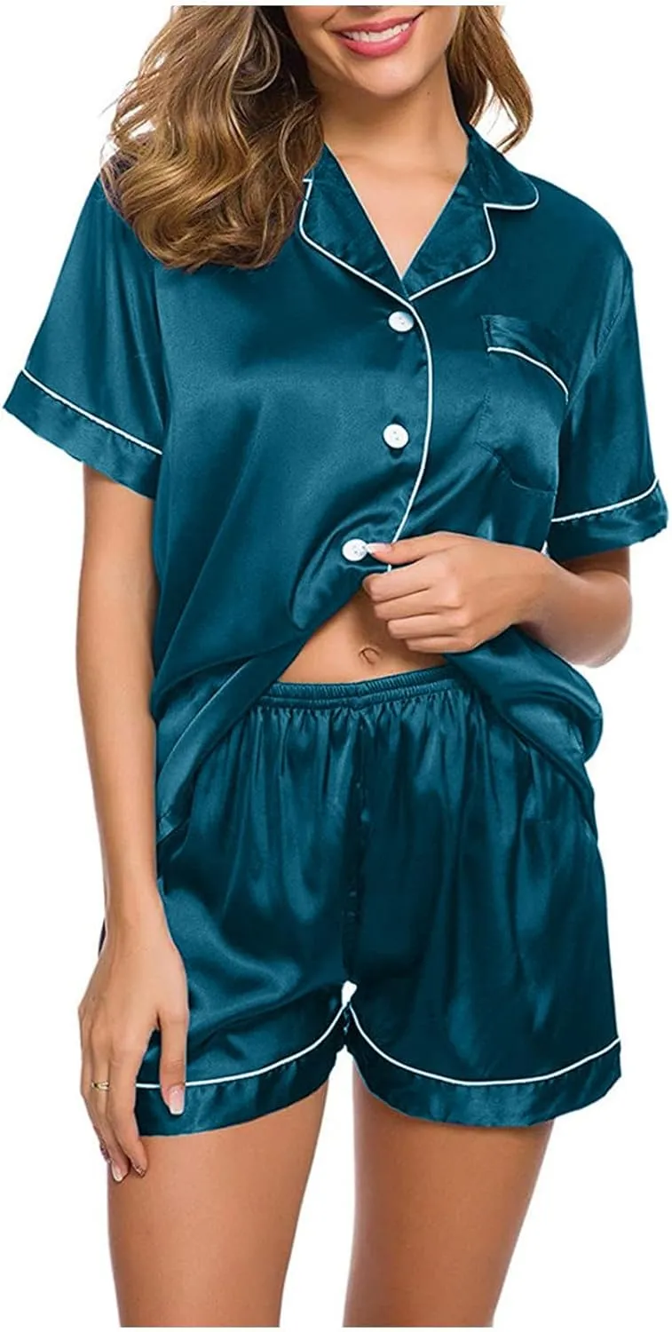 Womens Silk Satin Pajamas Loungewear 2025 Short Sleeve Pj Tops and Shorts Button Down Sleepwear Soft Lounge Sets