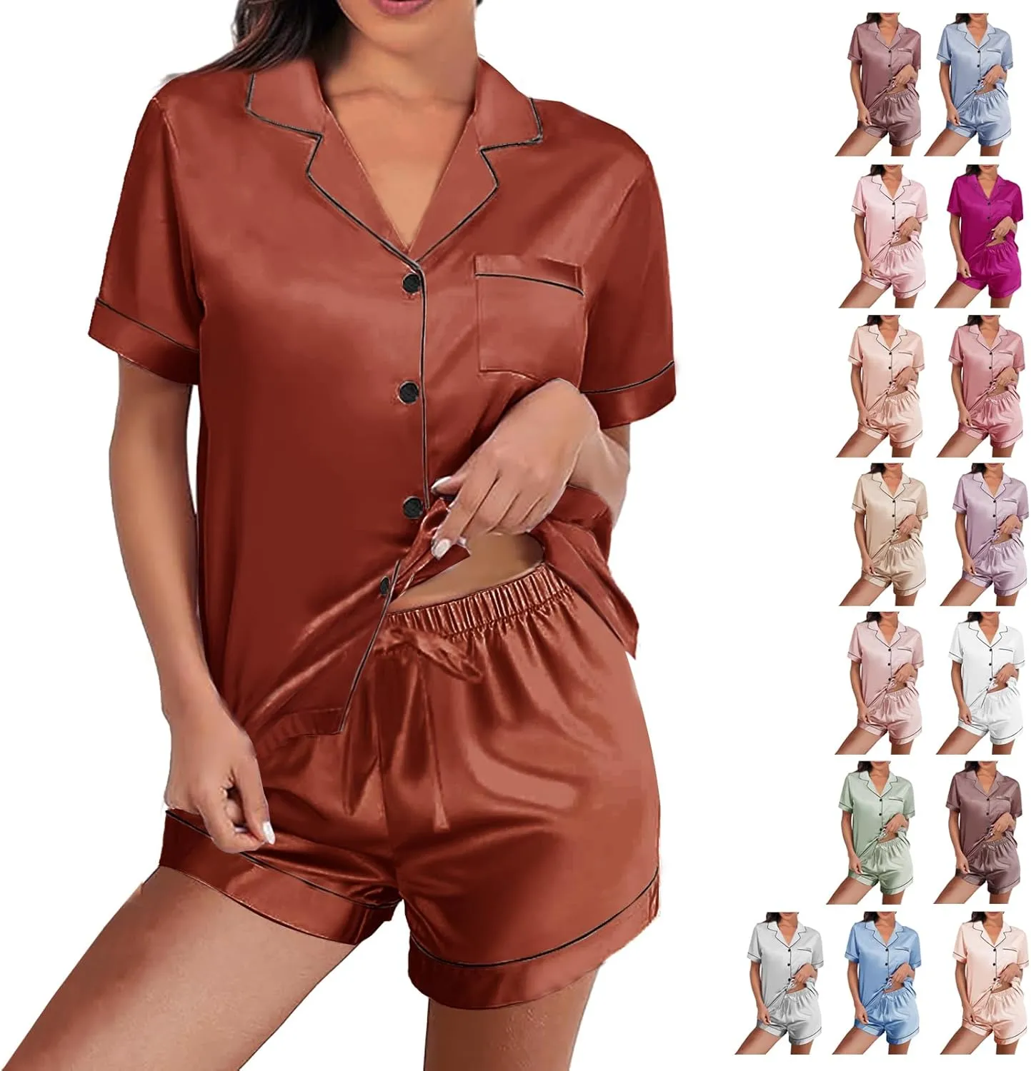 Womens Silk Satin Pajamas Loungewear Two-Piece Sleepwear Button-Down Floral Pj Set XS-4XL