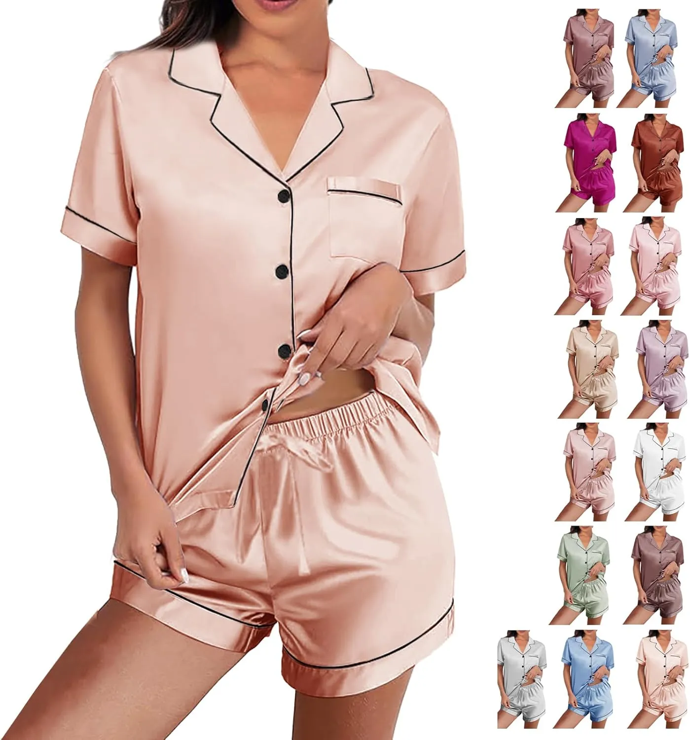 Womens Silk Satin Pajamas Loungewear Two-Piece Sleepwear Button-Down Floral Pj Set XS-4XL