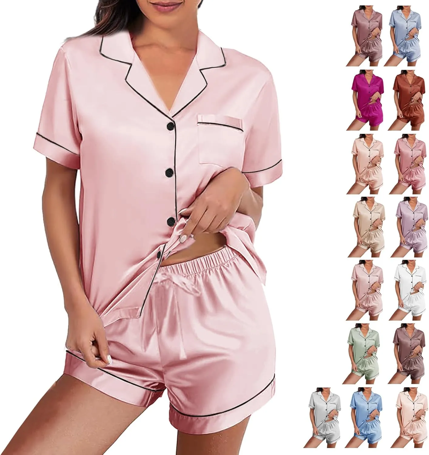 Womens Silk Satin Pajamas Loungewear Two-Piece Sleepwear Button-Down Floral Pj Set XS-4XL