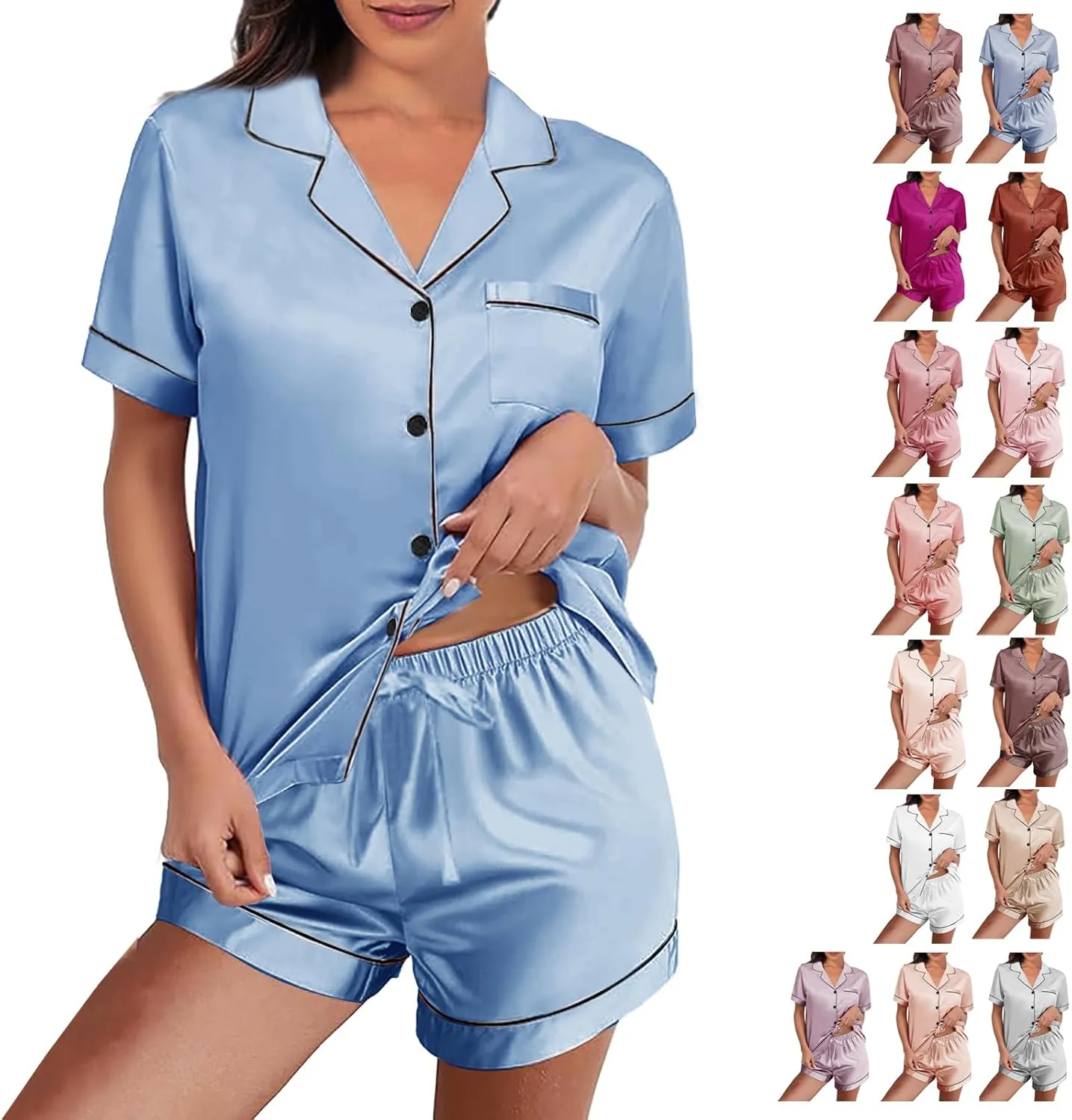 Womens Silk Satin Pajamas Loungewear Two-Piece Sleepwear Button-Down Floral Pj Set XS-4XL