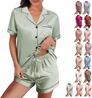 Womens Silk Satin Pajamas Loungewear Two-Piece Sleepwear Button-Down Floral Pj Set XS-4XL