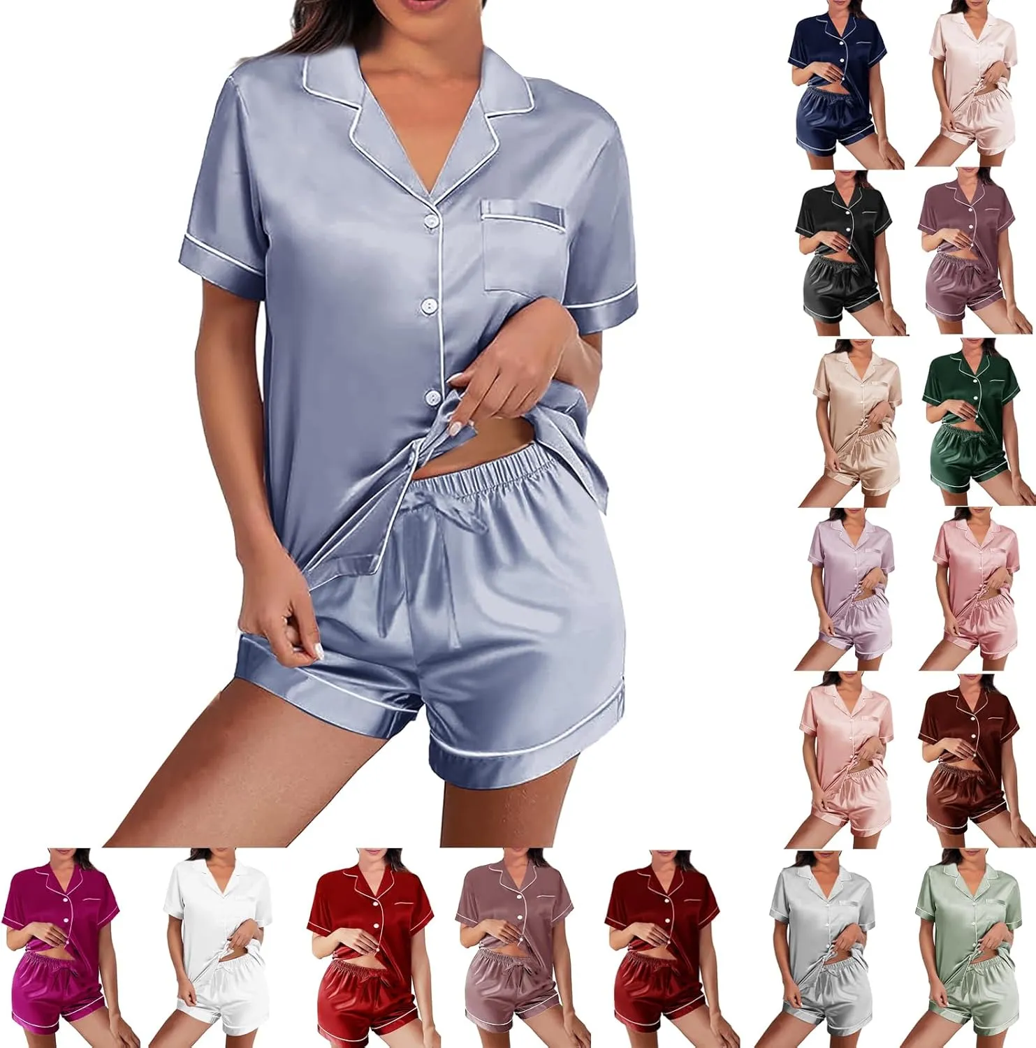 Womens Silk Satin Pajamas Loungewear Two-Piece Sleepwear Button-Down Floral Pj Set XS-4XL