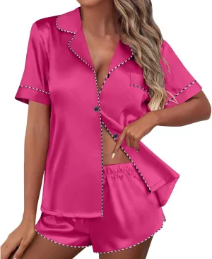 Womens Silk Satin Pajamas Set 2 Piece Button Down Loungewear Outfits Lapel Short Sleeve Shirt and Shorts Lounge Sets