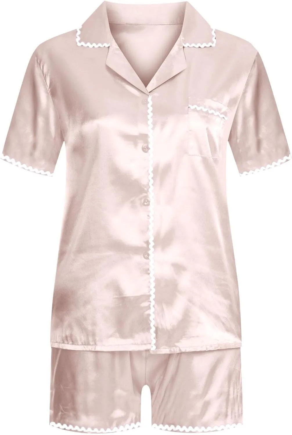 Womens Silk Satin Pajamas Set 2 Piece Button Down Tops and Shorts Lounge Sets Casual Fashion Color Block Outfits