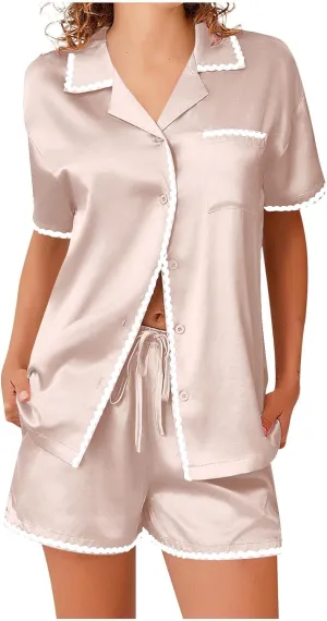 Womens Silk Satin Pajamas Set 2 Piece Button Down Tops and Shorts Lounge Sets Casual Fashion Color Block Outfits