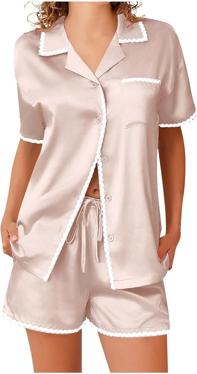 Womens Silk Satin Pajamas Set 2 Piece Button Down Tops and Shorts Lounge Sets Casual Fashion Color Block Outfits