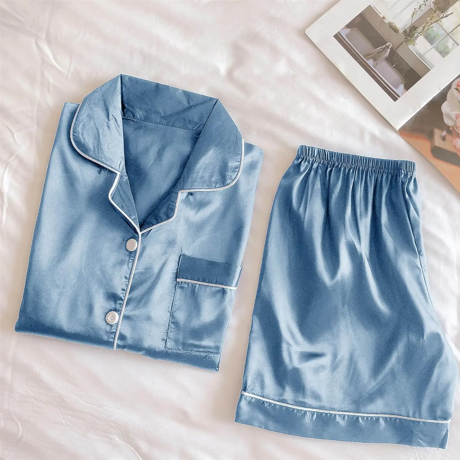 Womens Silk Satin Pajamas Set Button Down Short Sleeve Lounge Set 2 Piece Notch Collar Sleepwear Shorts Sets Soft Pjs