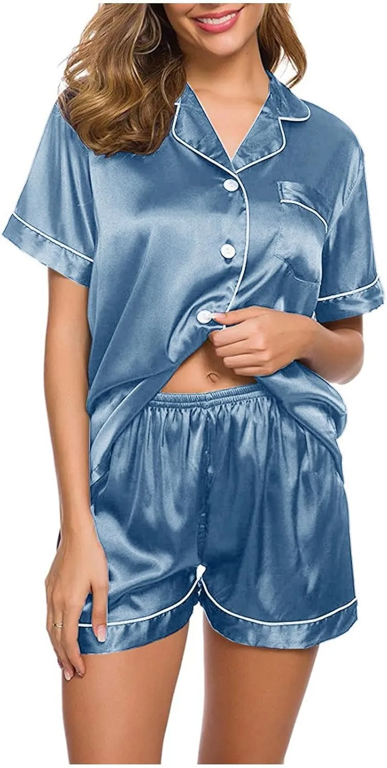 Womens Silk Satin Pajamas Set Button Down Short Sleeve Lounge Set 2 Piece Notch Collar Sleepwear Shorts Sets Soft Pjs