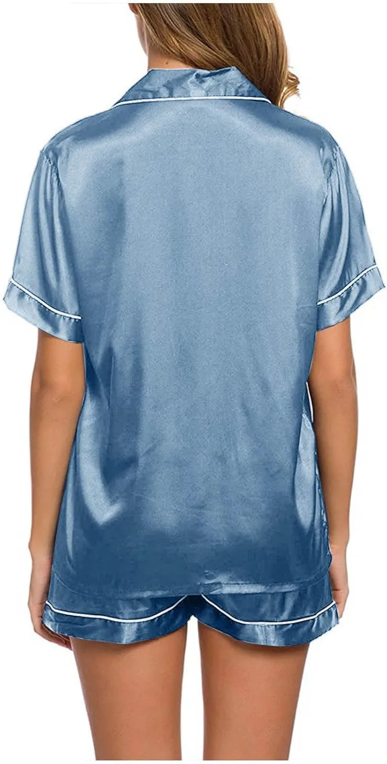 Womens Silk Satin Pajamas Set Button Down Short Sleeve Lounge Set 2 Piece Notch Collar Sleepwear Shorts Sets Soft Pjs