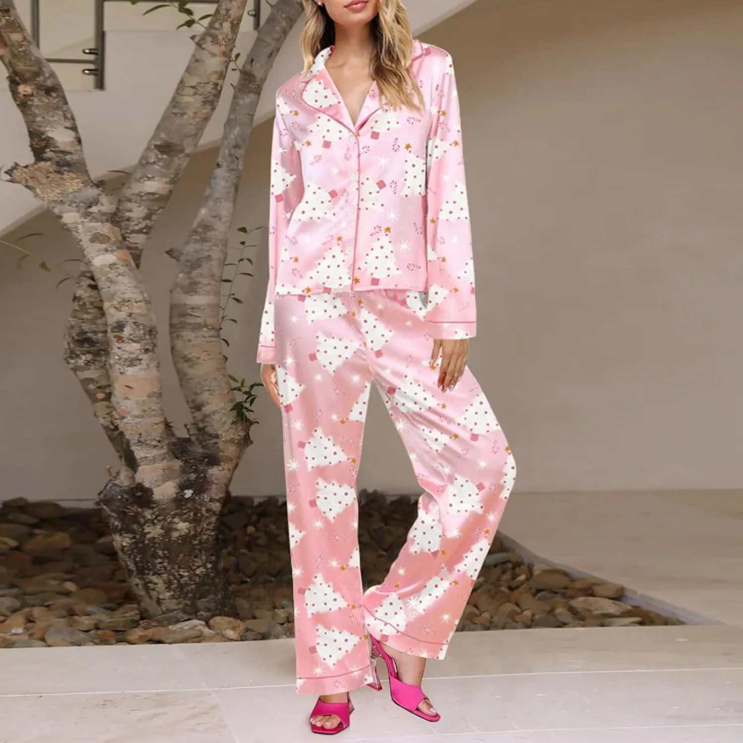 Womens Silk Satin Pajamas Set Women Cute Christmas Pajamas Holiday 2 Piece Satin Set Long Long Sleeve Pjs 2 Piece
