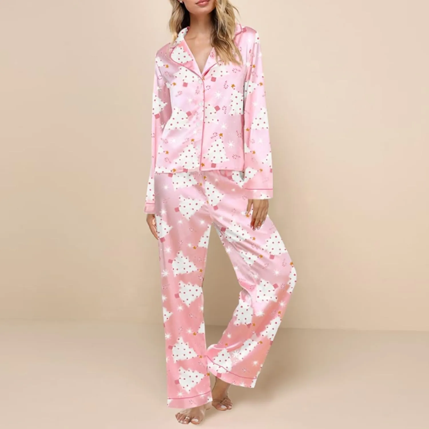 Womens Silk Satin Pajamas Set Women Cute Christmas Pajamas Holiday 2 Piece Satin Set Long Long Sleeve Pjs 2 Piece
