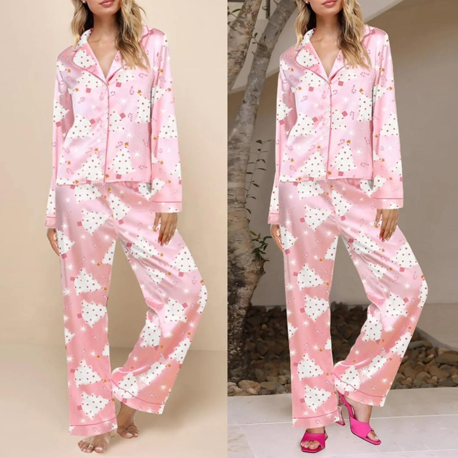 Womens Silk Satin Pajamas Set Women Cute Christmas Pajamas Holiday 2 Piece Satin Set Long Long Sleeve Pjs 2 Piece