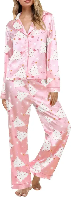 Womens Silk Satin Pajamas Set Women Cute Christmas Pajamas Holiday 2 Piece Satin Set Long Long Sleeve Pjs 2 Piece