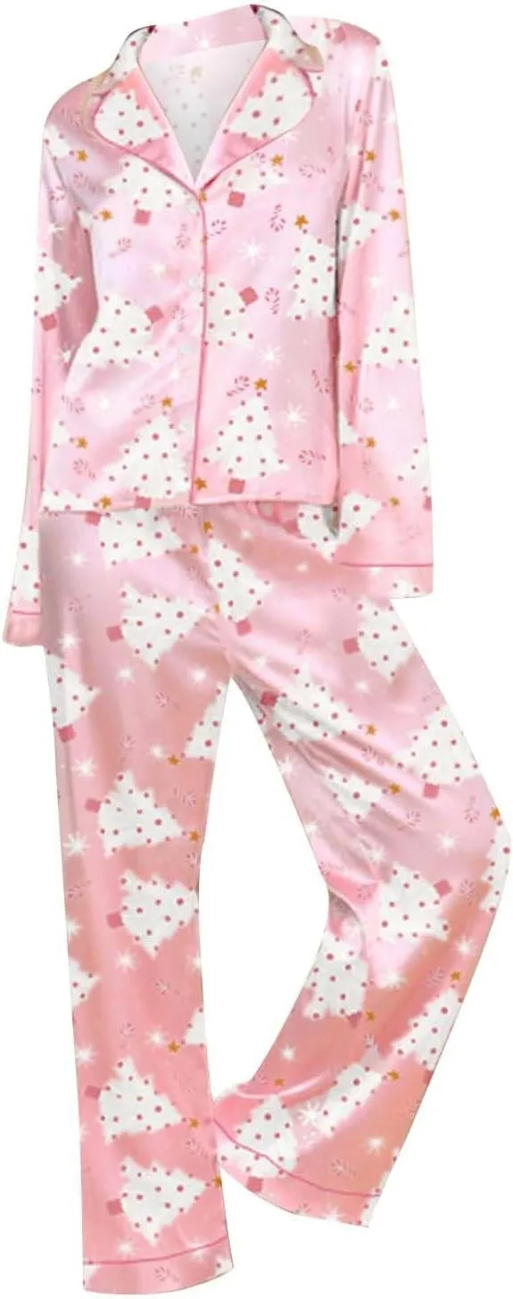 Womens Silk Satin Pajamas Set Women Cute Christmas Pajamas Holiday 2 Piece Satin Set Long Long Sleeve Pjs 2 Piece