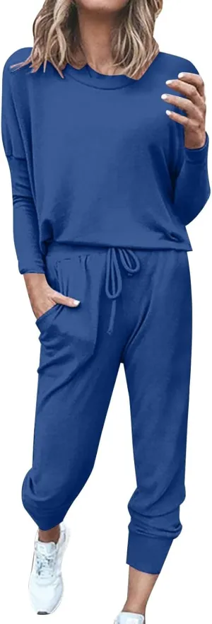 Womens Silk Satin Pajamas Set Women Fashion Solid Color Long Sleeve Loose Long Pants 2 Set Fleece Pjs Soft