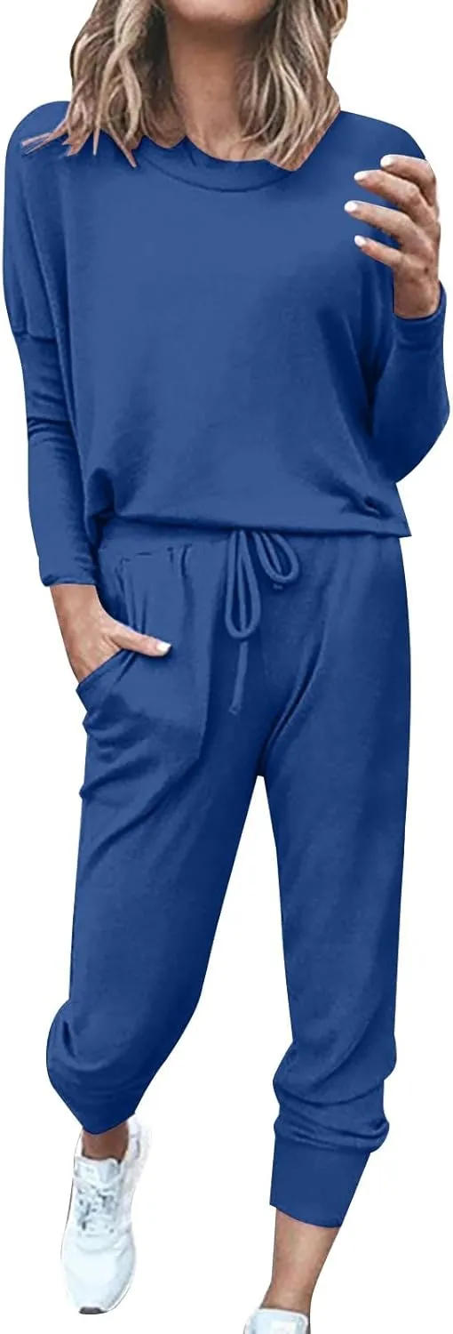 Womens Silk Satin Pajamas Set Women Fashion Solid Color Long Sleeve Loose Long Pants 2 Set Fleece Pjs Soft
