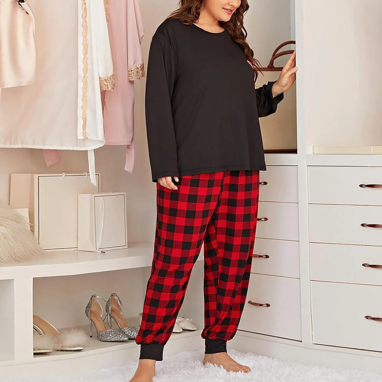 Womens Silk Satin Pajamas Set Women Plus Size Grid Print Loungewear Long Pants Two Set Pajamas Set Pj