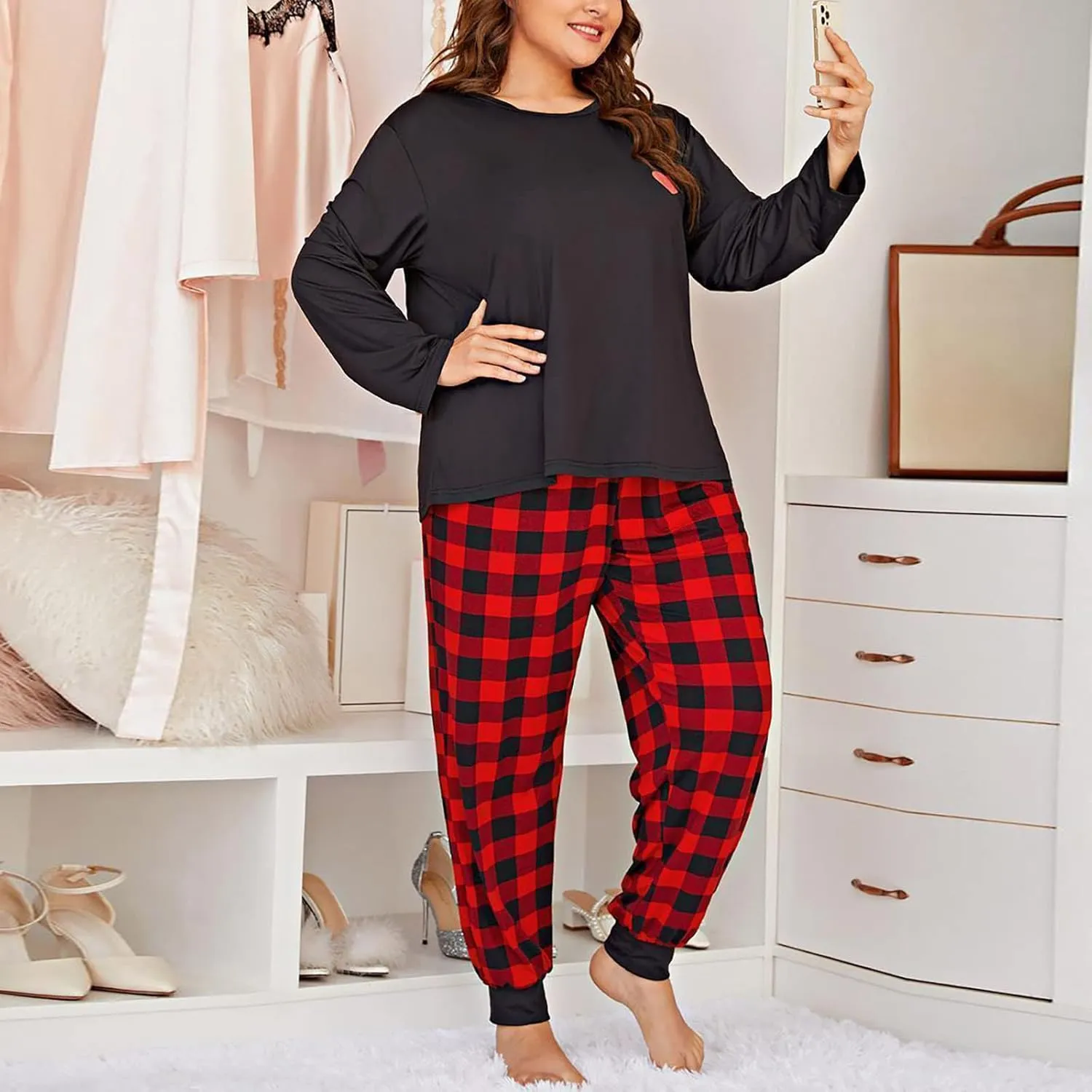 Womens Silk Satin Pajamas Set Women Plus Size Grid Print Loungewear Long Pants Two Set Pajamas Set Pj