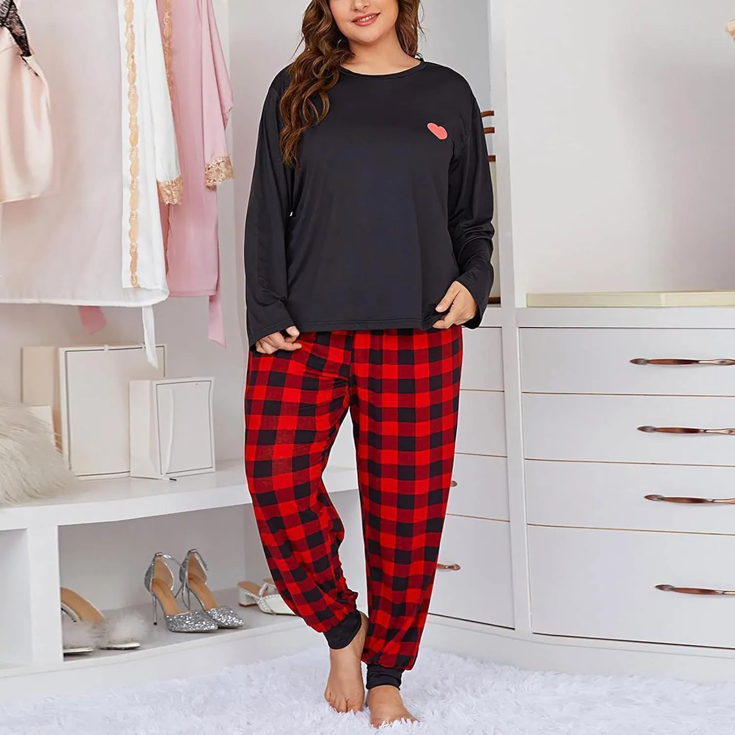 Womens Silk Satin Pajamas Set Women Plus Size Grid Print Loungewear Long Pants Two Set Pajamas Set Pj