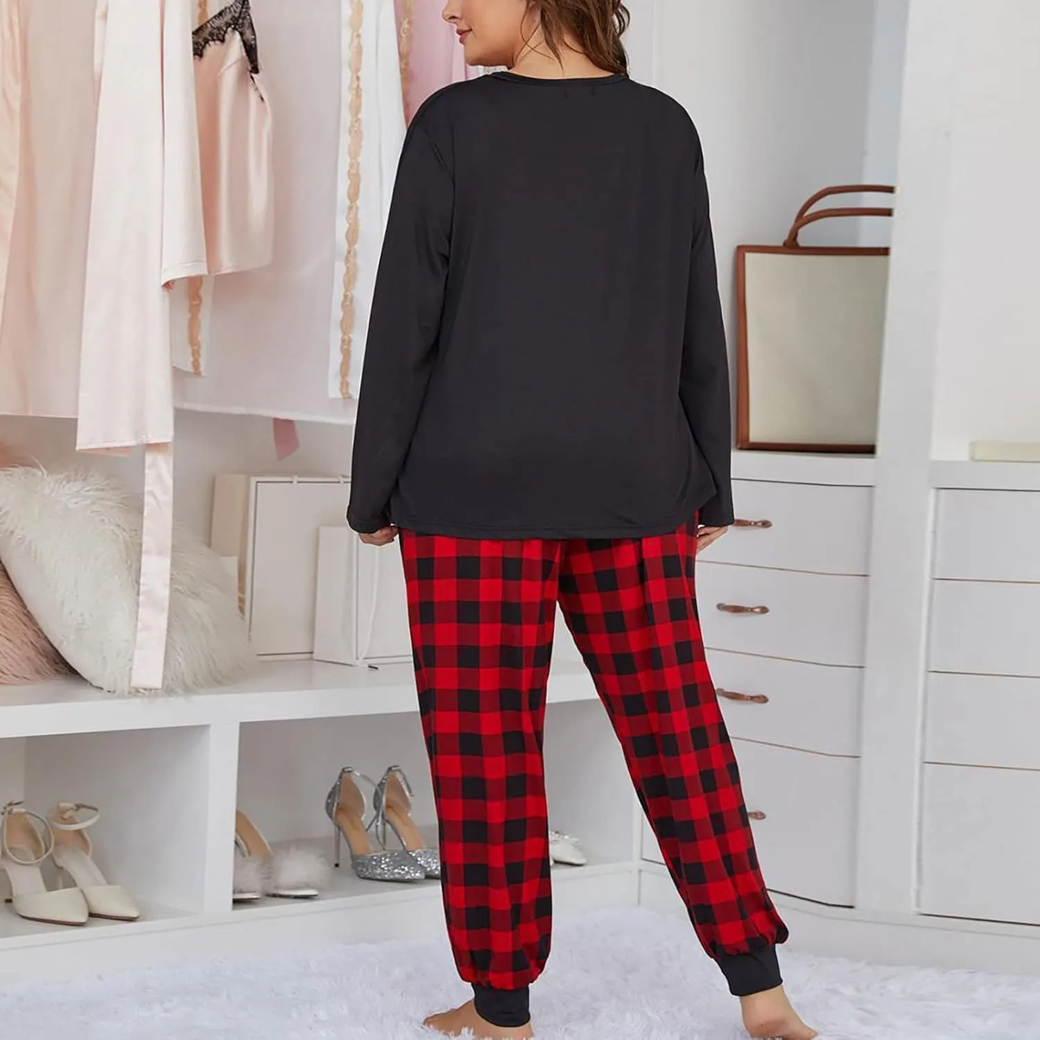 Womens Silk Satin Pajamas Set Women Plus Size Grid Print Loungewear Long Pants Two Set Pajamas Set Pj