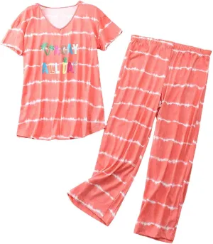 Womens Silk Satin Pajamas Set Women's Striped Short Sleeve Trousers Top Thin Women's Wear Suit Ladies Pjs Set Womens