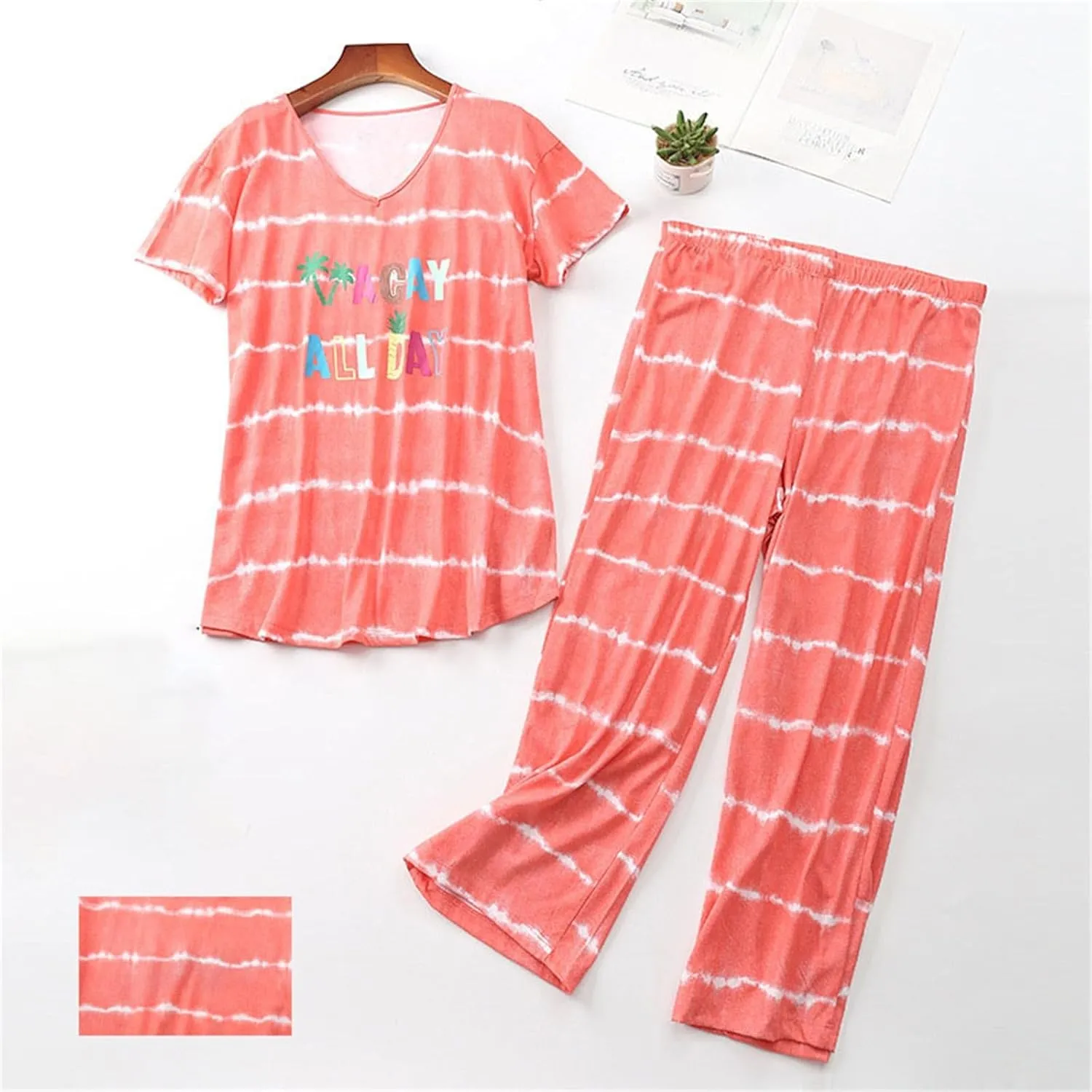 Womens Silk Satin Pajamas Set Women's Striped Short Sleeve Trousers Top Thin Women's Wear Suit Ladies Pjs Set Womens