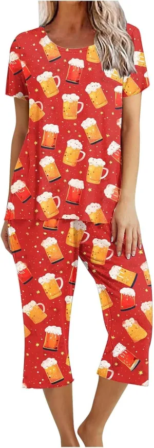 Women's Sleep Set Short Sleeve Tops with Capri Pants Pajamas Outfits 2 Piece Lounge Outfits Soft Cute Pjs Loungewear