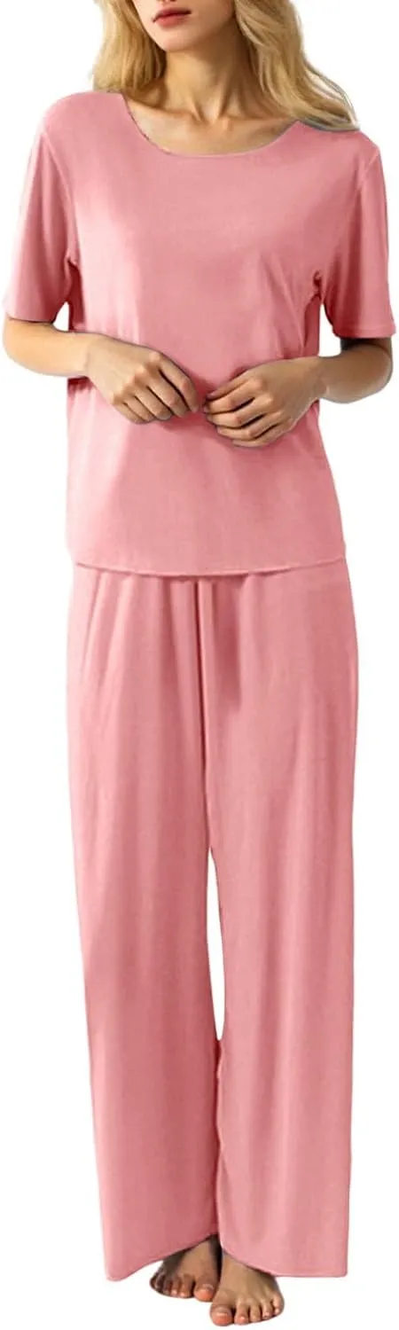 Womens Sleepwear Sets 2 Piece Ice Silk Daily Wear Pajamas Short Sleeve Soft 2025 Breathable Pullover Tops Wide Leg Pants Pjs