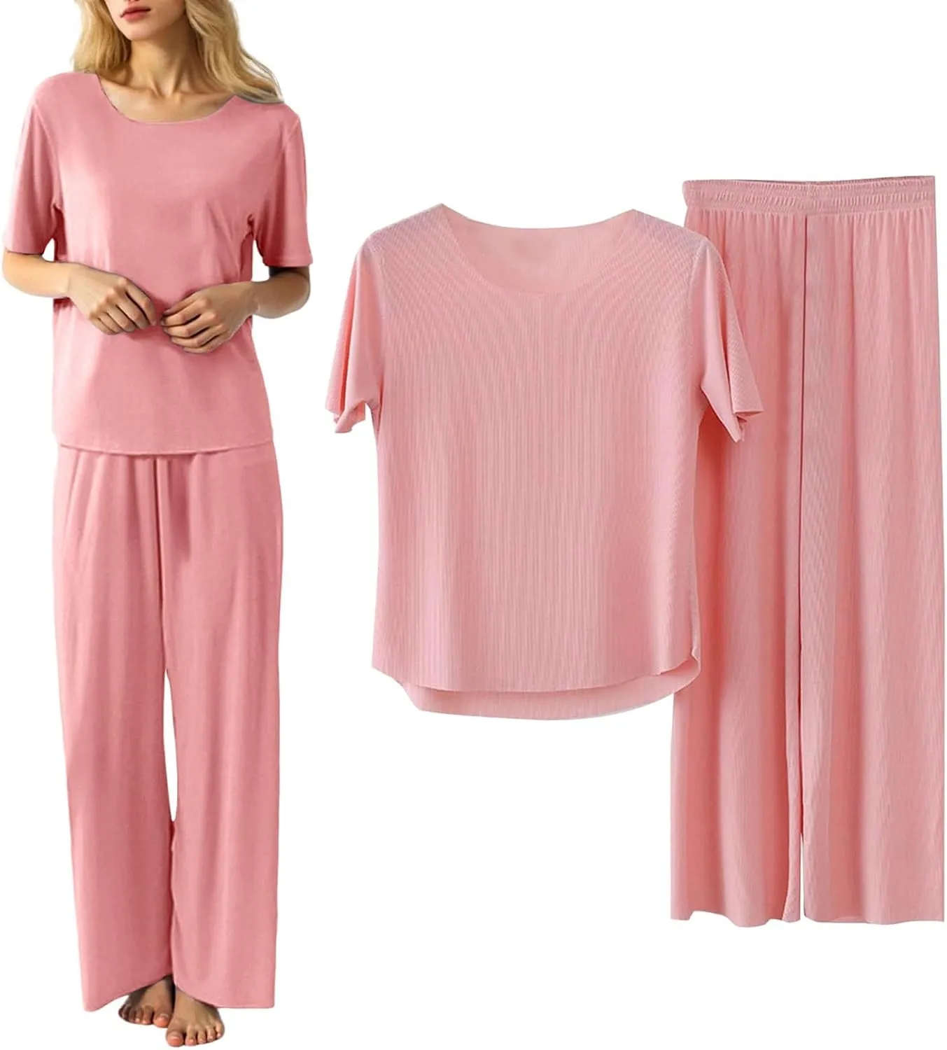 Womens Sleepwear Sets 2 Piece Ice Silk Daily Wear Pajamas Short Sleeve Soft 2025 Breathable Pullover Tops Wide Leg Pants Pjs
