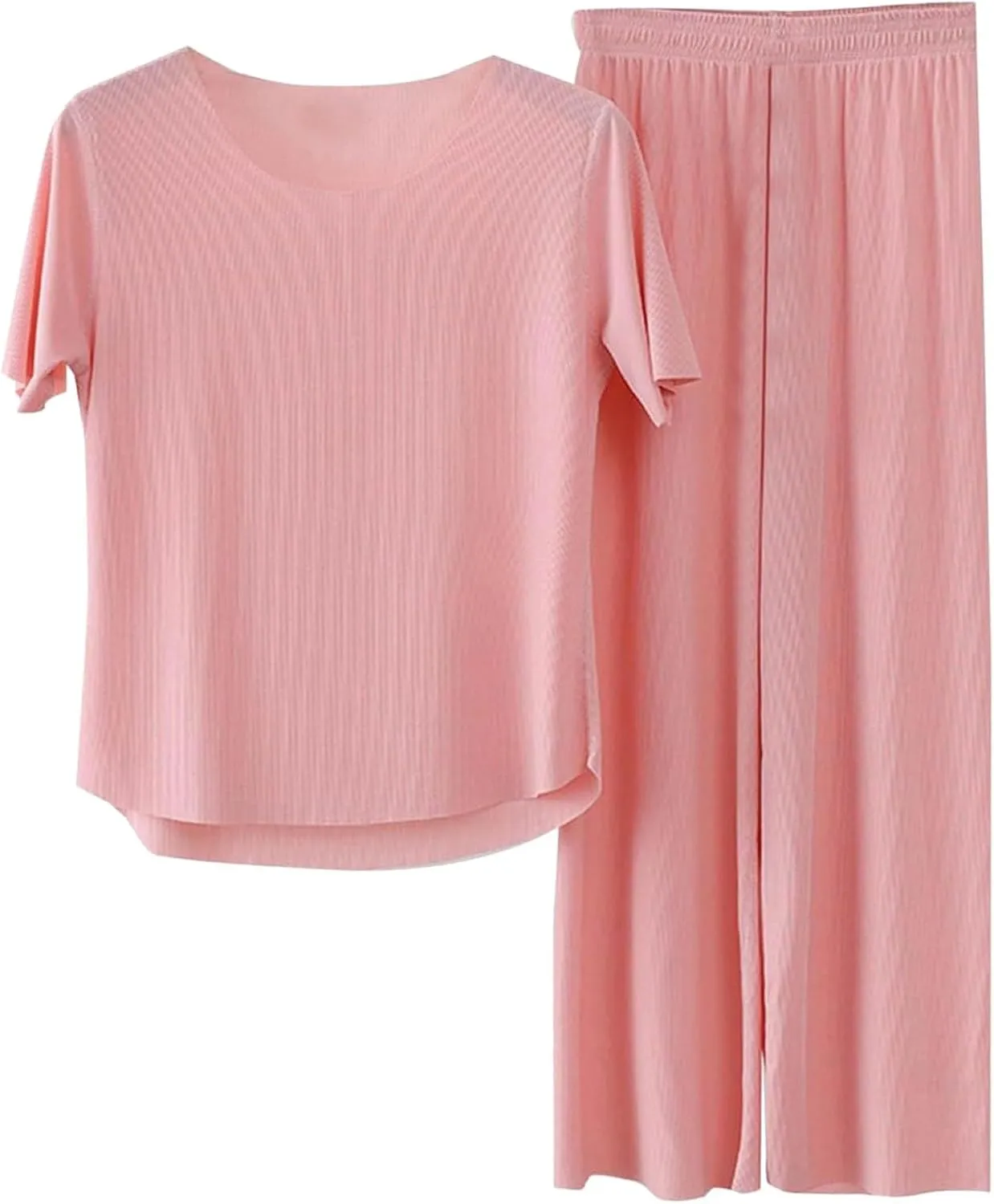 Womens Sleepwear Sets 2 Piece Ice Silk Daily Wear Pajamas Short Sleeve Soft 2025 Breathable Pullover Tops Wide Leg Pants Pjs