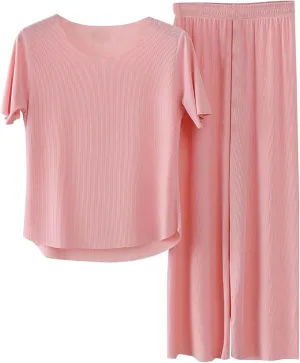 Womens Sleepwear Sets 2 Piece Ice Silk Daily Wear Pajamas Short Sleeve Soft 2025 Breathable Pullover Tops Wide Leg Pants Pjs