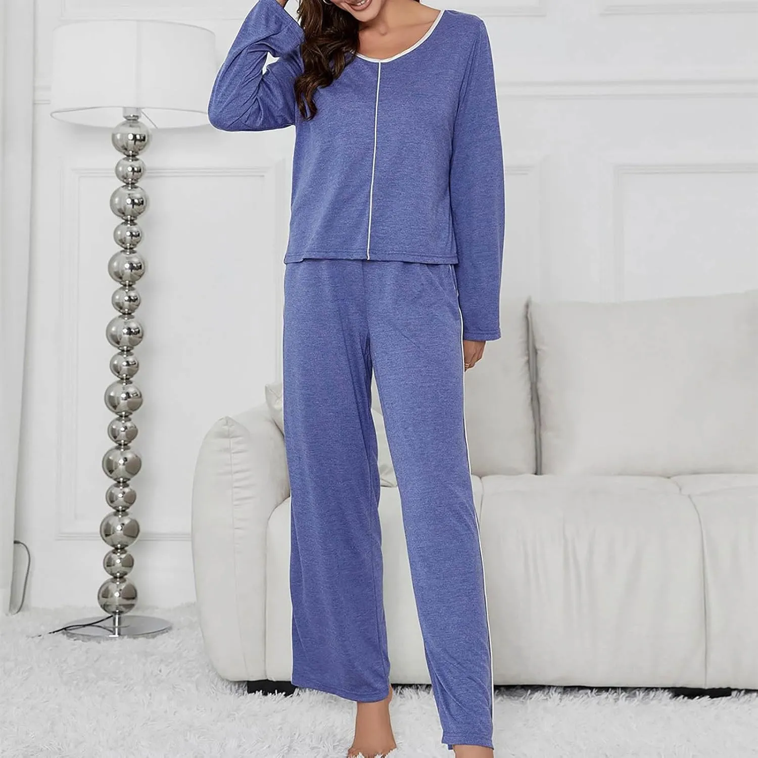 Womens Solid Pajama Sets Long Sleeve 2 Piece Lounge Set with Pants Casual Soft Comfy Lightweight Sleepwear Outfits