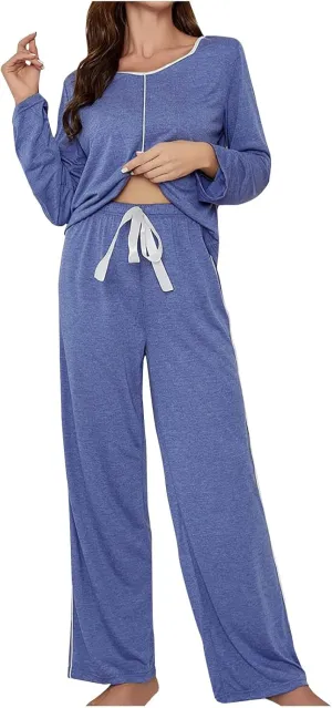 Womens Solid Pajama Sets Long Sleeve 2 Piece Lounge Set with Pants Casual Soft Comfy Lightweight Sleepwear Outfits