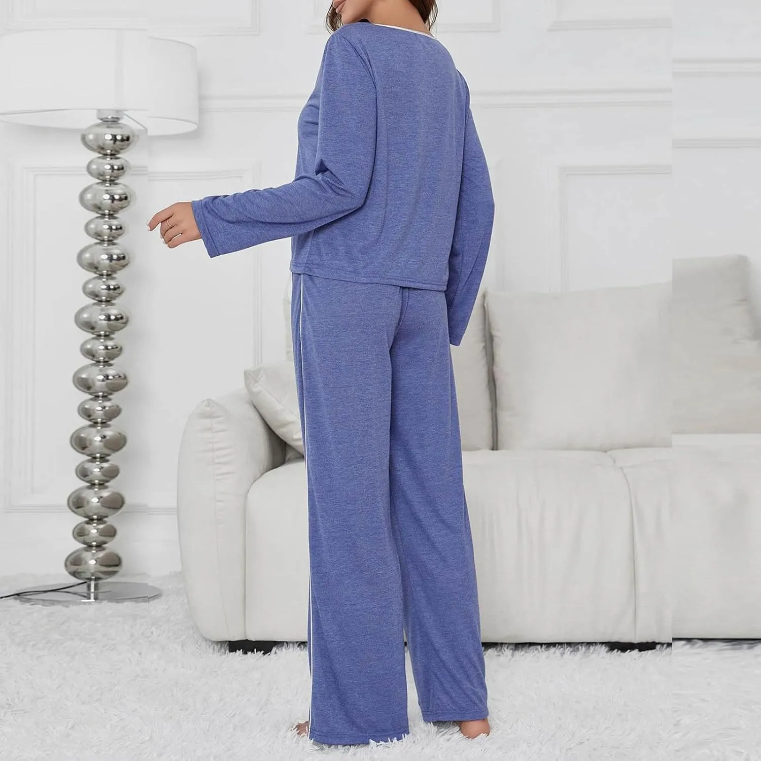Womens Solid Pajama Sets Long Sleeve 2 Piece Lounge Set with Pants Casual Soft Comfy Lightweight Sleepwear Outfits