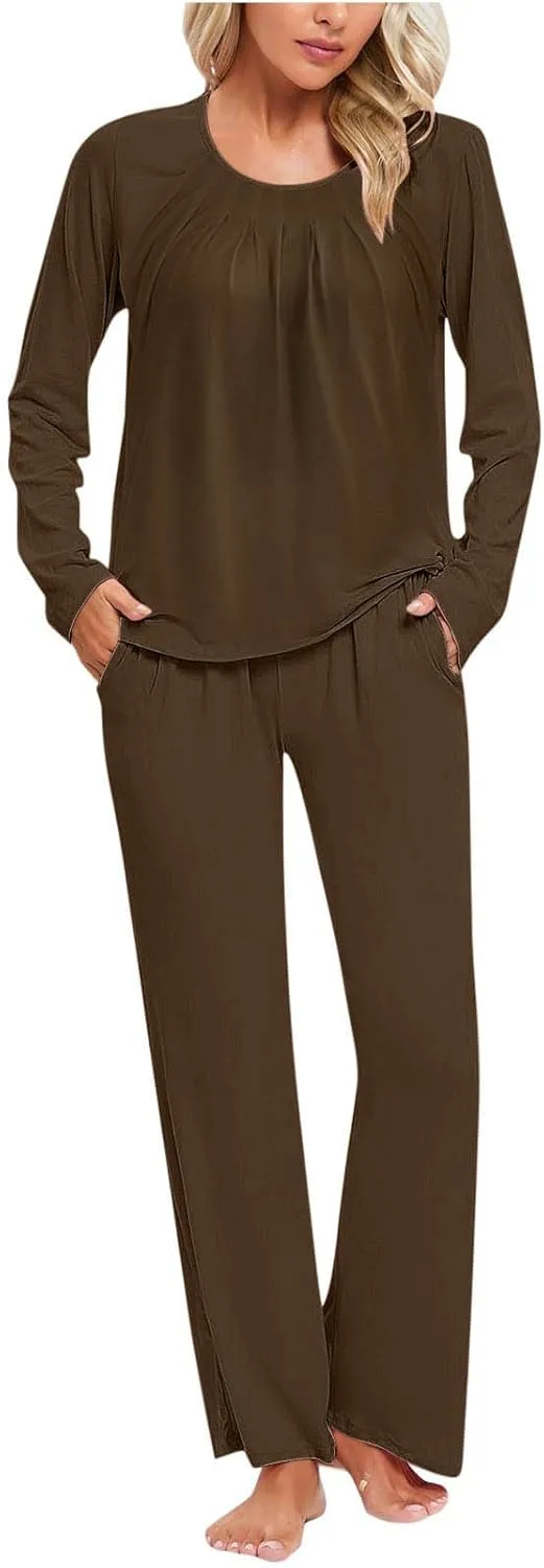 Womens Solid Pajama Sets Pleated Crewneck 2 Piece Lounge Set Long Sleeve Tops and Pants Comfy Sleepwear with Pockets