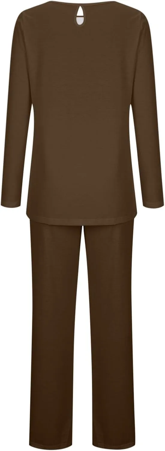 Womens Solid Pajama Sets Pleated Crewneck 2 Piece Lounge Set Long Sleeve Tops and Pants Comfy Sleepwear with Pockets