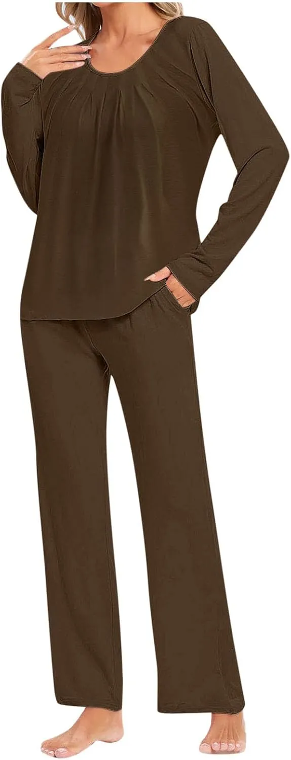 Womens Solid Pajama Sets Pleated Crewneck 2 Piece Lounge Set Long Sleeve Tops and Pants Comfy Sleepwear with Pockets