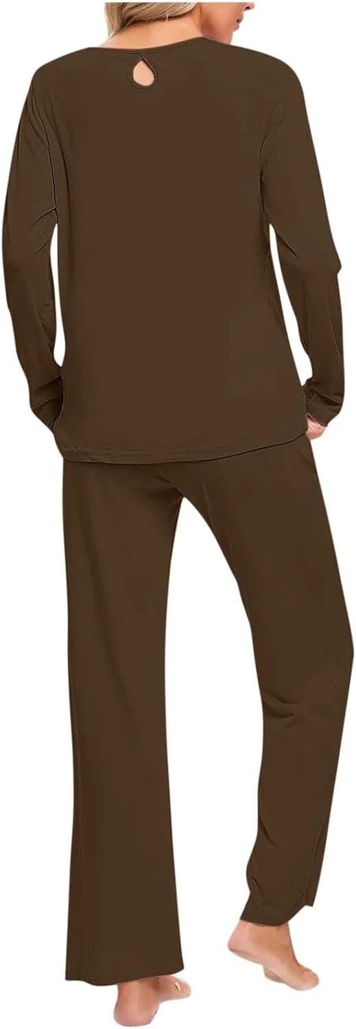 Womens Solid Pajama Sets Pleated Crewneck 2 Piece Lounge Set Long Sleeve Tops and Pants Comfy Sleepwear with Pockets