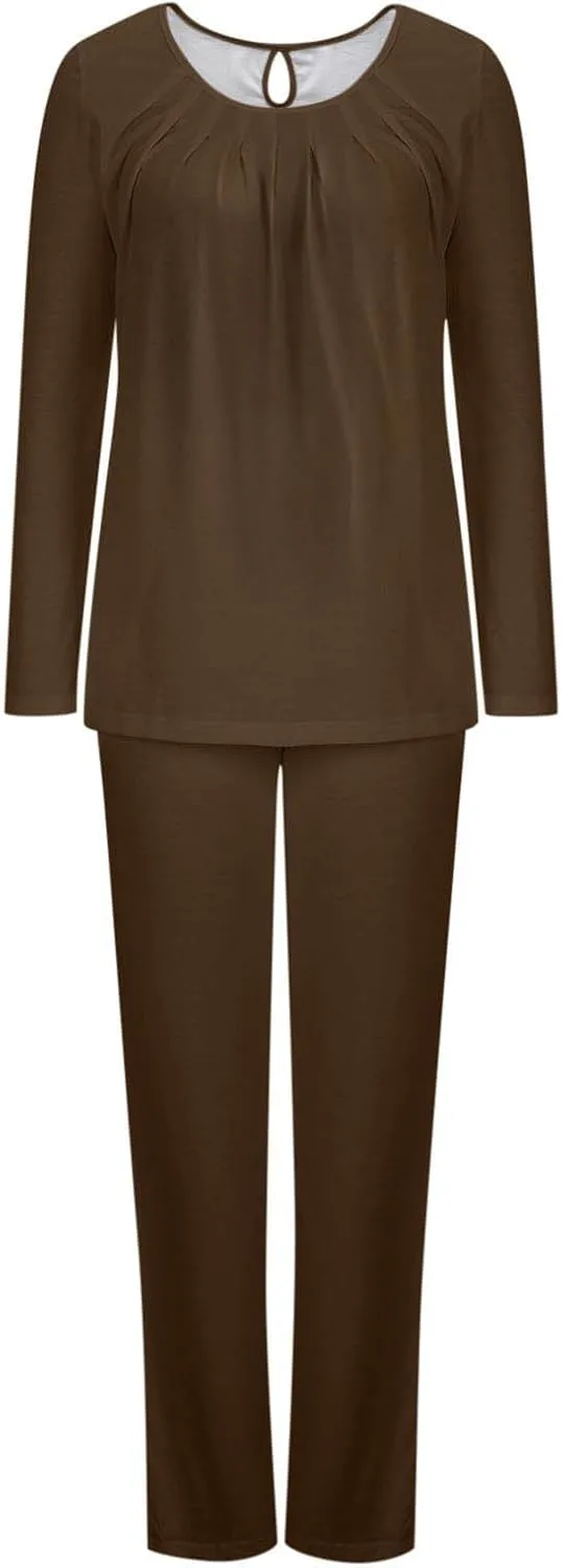 Womens Solid Pajama Sets Pleated Crewneck 2 Piece Lounge Set Long Sleeve Tops and Pants Comfy Sleepwear with Pockets
