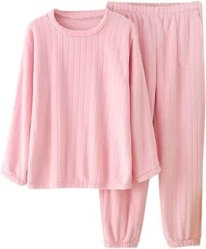 Womens Striped Fleece Lounge Set Long Sleeve Round Neck Top and Sweatpants 2 Piece Soft Sleepwear Plush Warm Jammies