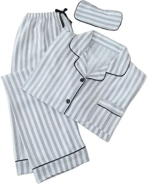 Women's Striped Pajama Sets Button Down Long Sleeve Sleepwear Tops & Comfy Pjs Bottom & Eye Mask 3 Piece Set