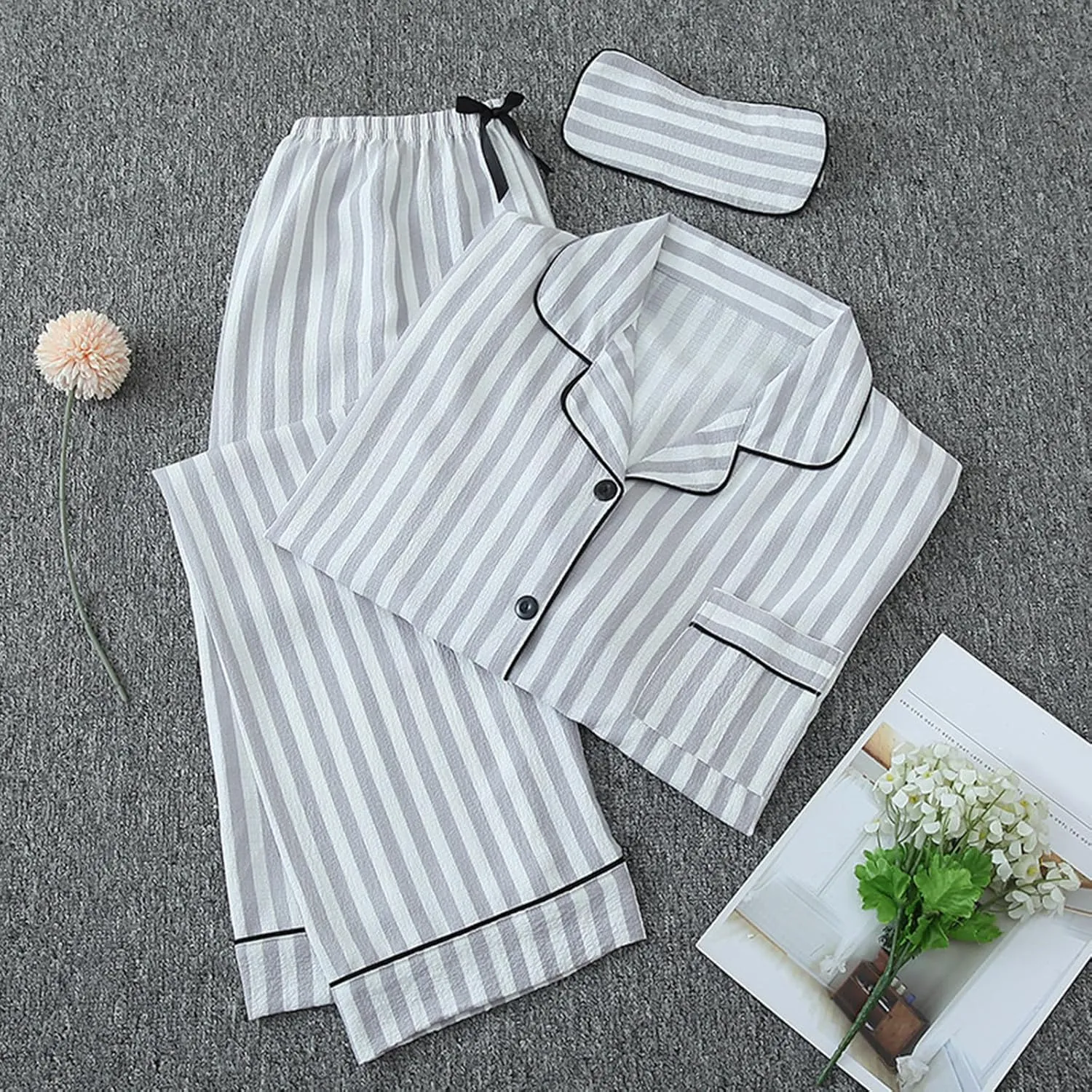 Women's Striped Pajama Sets Button Down Long Sleeve Sleepwear Tops & Comfy Pjs Bottom & Eye Mask 3 Piece Set