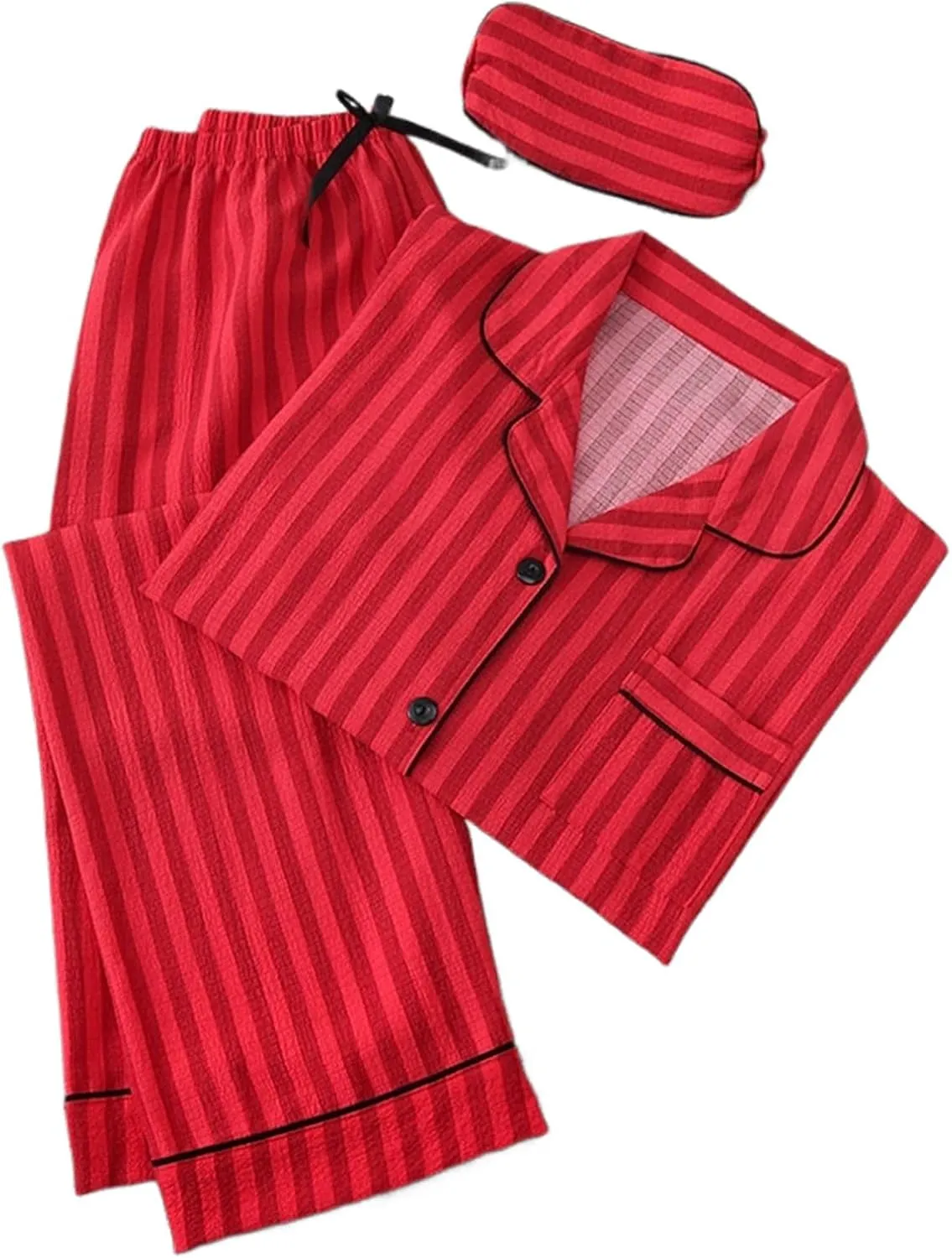 Women's Striped Pajama Sets Long Sleeve Button Down Sleepwear Loose Pjs Bottom Long Pants 3 PCs Lounge Set with Eye Mask